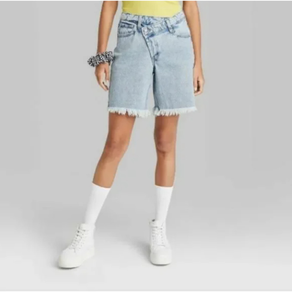 Wild Fable High Rise Asymmetrical Raw Hem Bermuda Denim Shorts - 10 NWOT